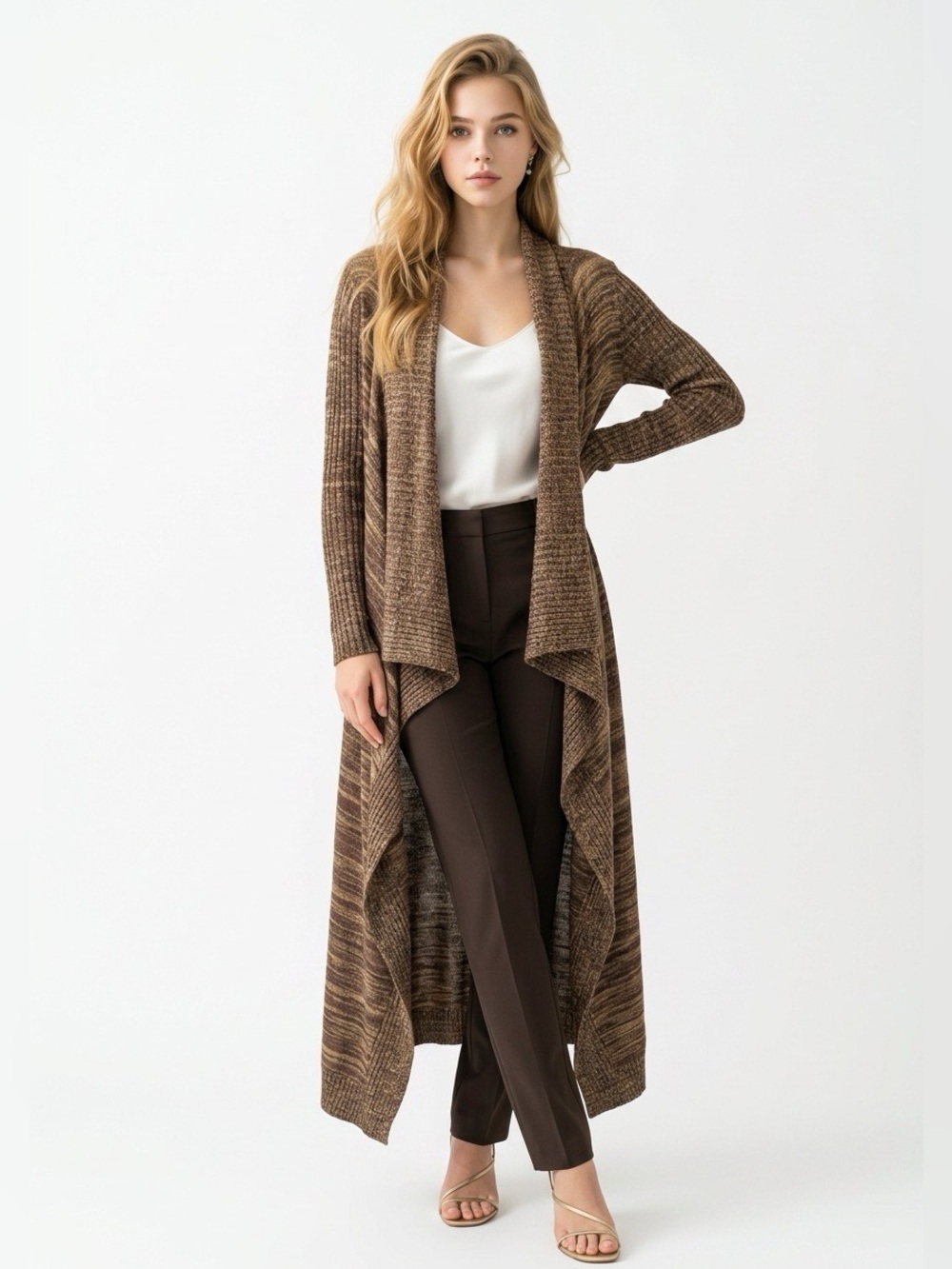 Venus Long Brown Open-Front Ribbed Duster Cardigan Sweater